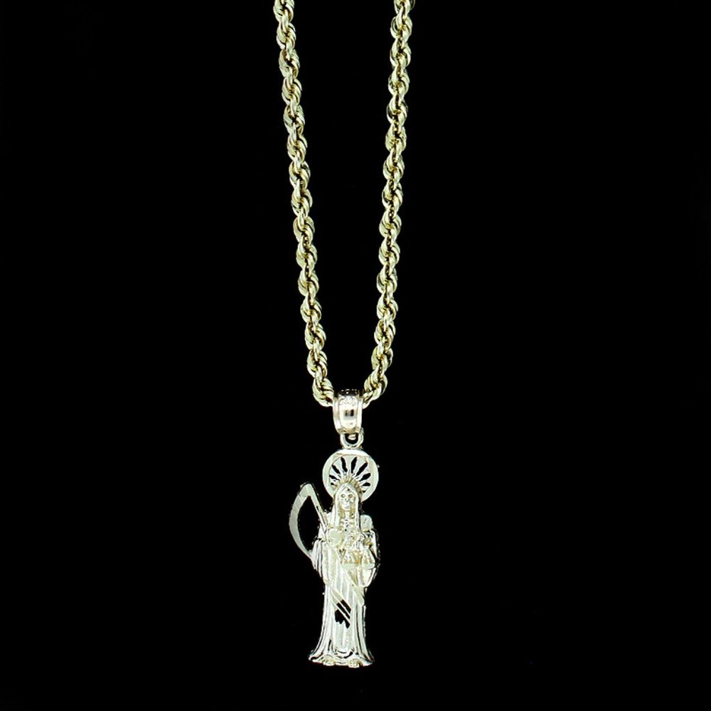 10K Yellow Gold Santa Muerte Grim Reaper Pendant & 2mm Rope Chain Necklace Set - Picture 2 of 9
